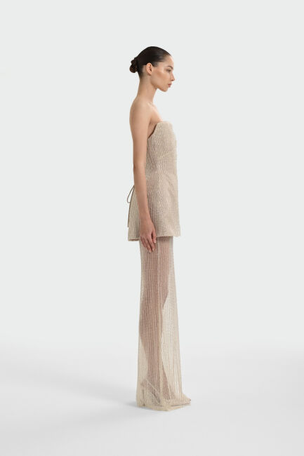 Bej Straplez Taşlı KumaşTransparan Etek Abiye Elbise 72 - 4