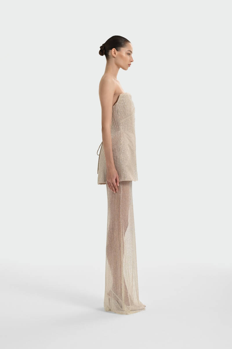 Bej Straplez Taşlı KumaşTransparan Etek Abiye Elbise 72 - 4