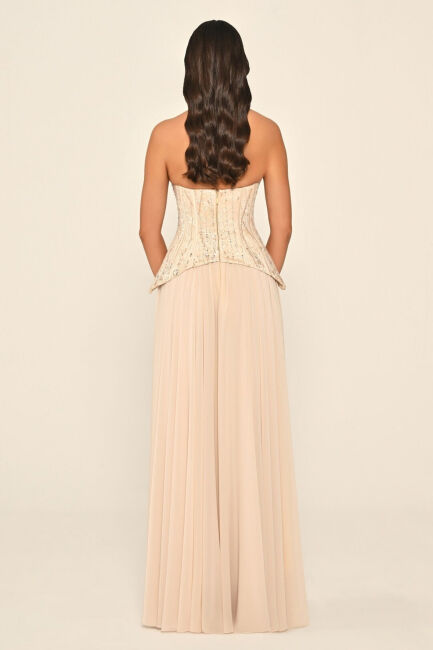 Bej Straplez Üstü Üç Boyut Çiçekli Şifon Uzun Abiye Elbise 76 - 4