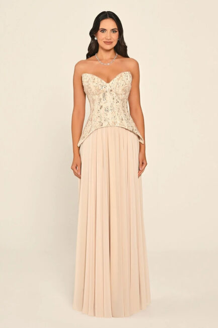 Bej Straplez Üstü Üç Boyut Çiçekli Şifon Uzun Abiye Elbise 76 - ALFABETA