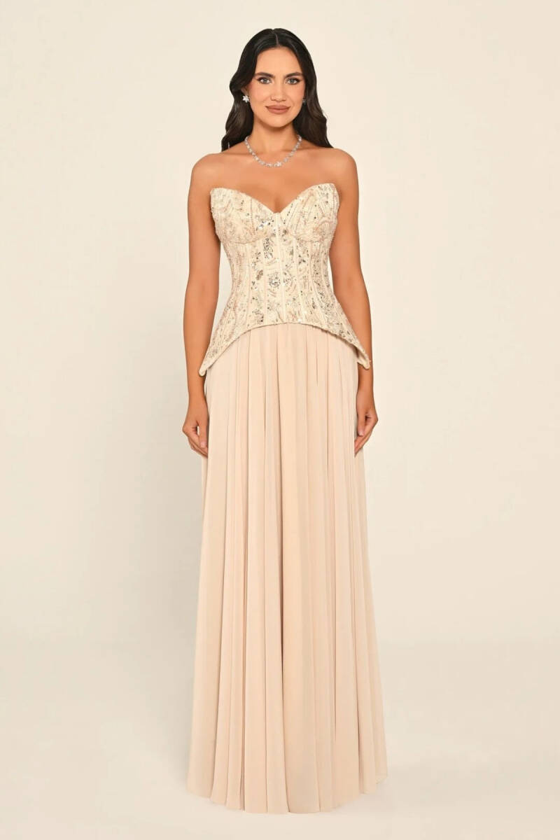 Bej Straplez Üstü Üç Boyut Çiçekli Şifon Uzun Abiye Elbise 76 - 1