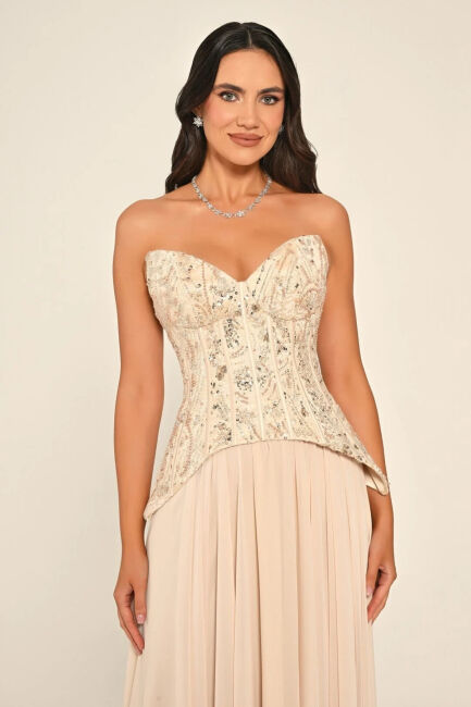 Bej Straplez Üstü Üç Boyut Çiçekli Şifon Uzun Abiye Elbise 76 - 2