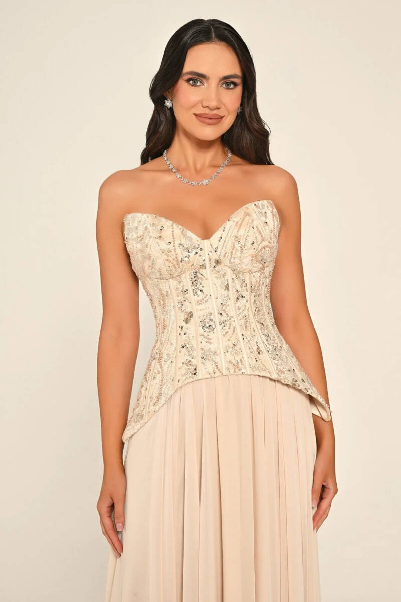 Bej Straplez Üstü Üç Boyut Çiçekli Şifon Uzun Abiye Elbise 76 - 2