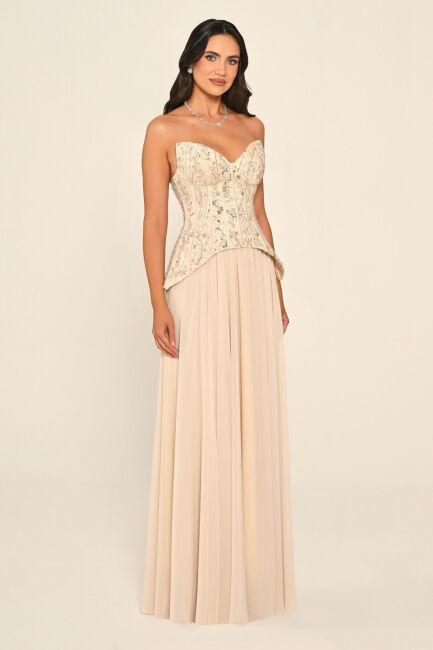 Bej Straplez Üstü Üç Boyut Çiçekli Şifon Uzun Abiye Elbise 76 - 3