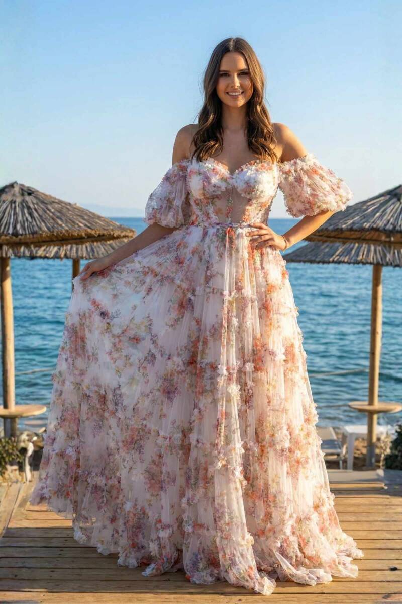 Beyaz Balon Kol Büstiyerli Desenli Tül Abiye Elbise 40P - 1