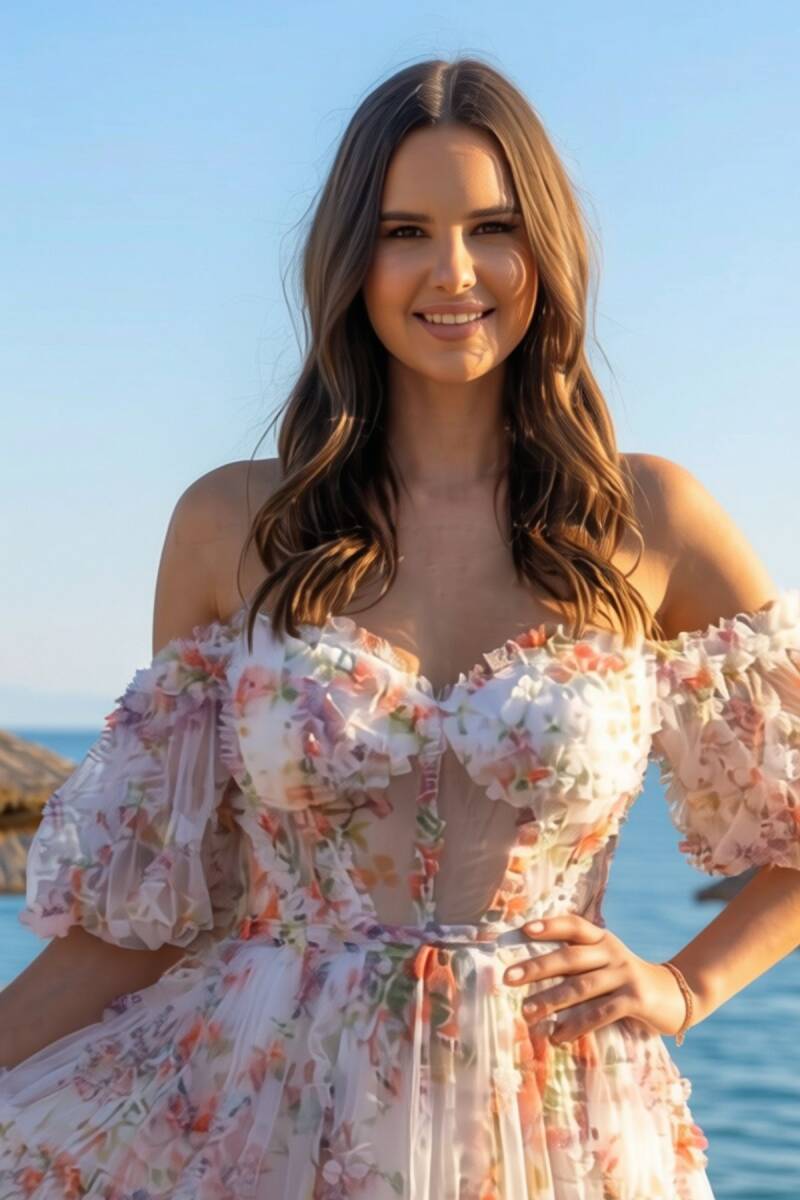 Beyaz Balon Kol Büstiyerli Desenli Tül Abiye Elbise 40P - 2