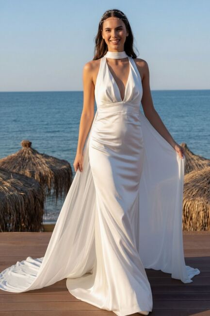 Beyaz Boyundağ Bağlamalı Sırt Dekolteli Saten Abiye Elbise 77 - ICONASLINE