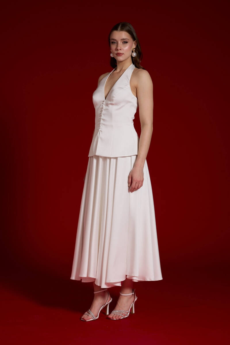 Beyaz Boyundan Bağlamalı Düğmeli Kloş Midii Abiye Elbise 74 - 2