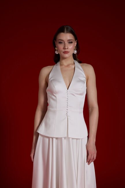 Beyaz Boyundan Bağlamalı Düğmeli Kloş Midii Abiye Elbise 74 - 3