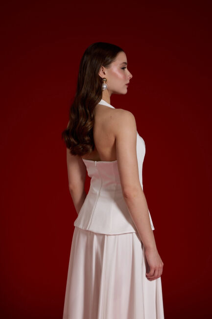 Beyaz Boyundan Bağlamalı Düğmeli Kloş Midii Abiye Elbise 74 - 5