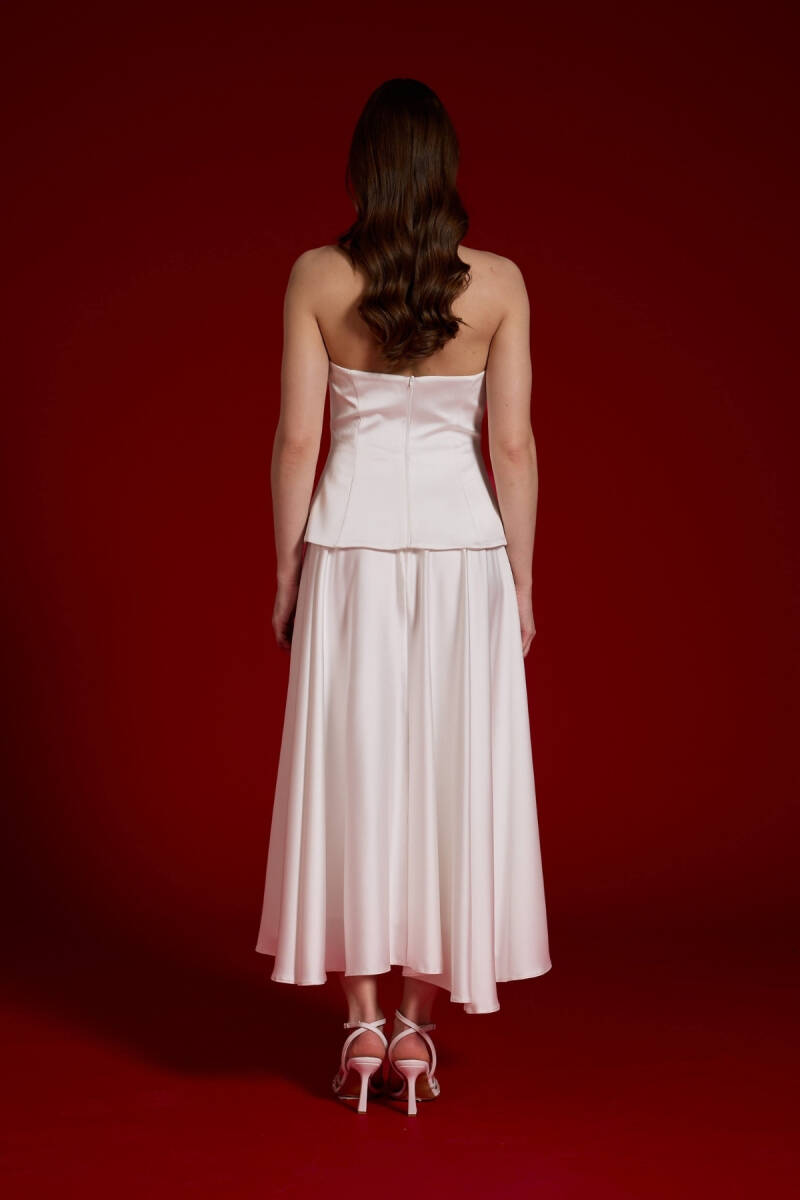 Beyaz Boyundan Bağlamalı Düğmeli Kloş Midii Abiye Elbise 74 - 6