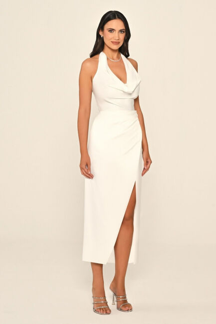 Beyaz Boyundan Bağlı Degaje Yaka Anvelop Midi Abiye Elbise 72 - 2