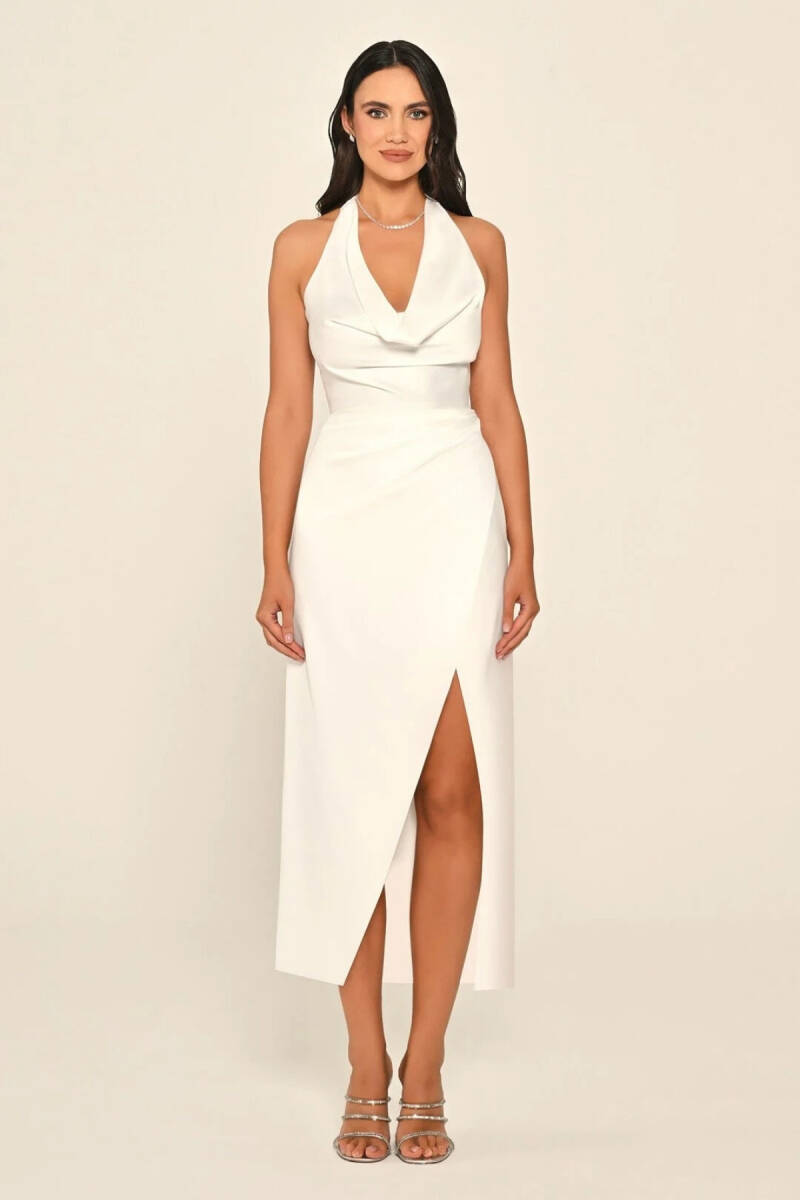 Beyaz Boyundan Bağlı Degaje Yaka Anvelop Midi Abiye Elbise 72 - 1