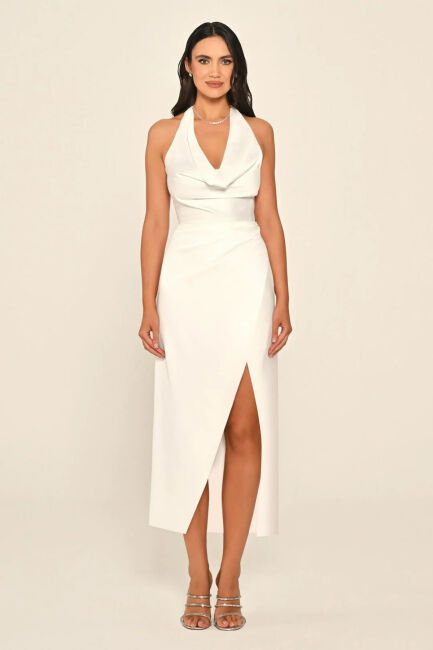 Beyaz Boyundan Bağlı Degaje Yaka Anvelop Midi Abiye Elbise 72 - ALFABETA