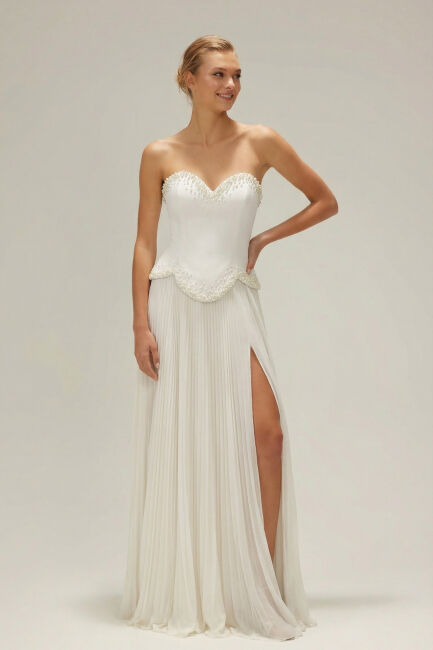 Beyaz Gepiyerli İnci İşlemeli Plise Etek Abiye Elbise 40 - ŞEREF VURAL