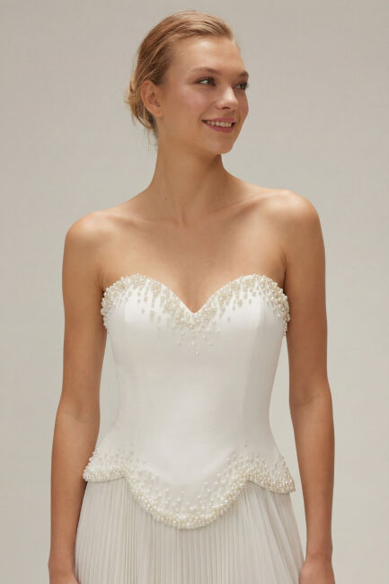 Beyaz Gepiyerli İnci İşlemeli Plise Etek Abiye Elbise 40 - 2