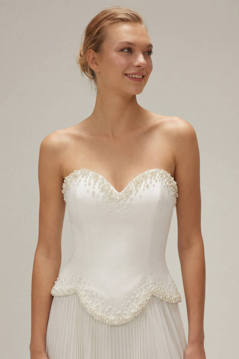 Beyaz Gepiyerli İnci İşlemeli Plise Etek Abiye Elbise 40 - 2