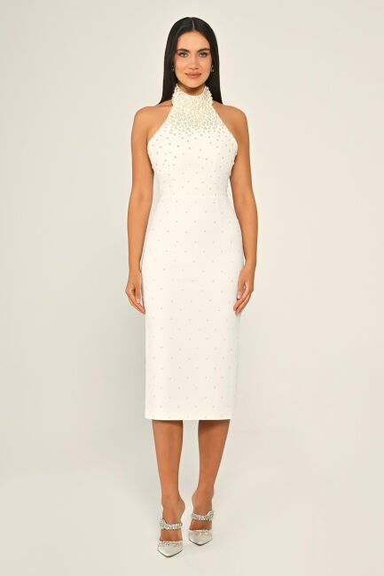 Beyaz Halter Yaka Boncuklu Krep Midi Boy Abiye Elbise 28 - ALFABETA