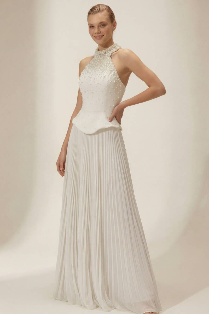 Beyaz Halter Yaka İnci İşlemeli Plise Etek Abiye Elbise 39 - 1