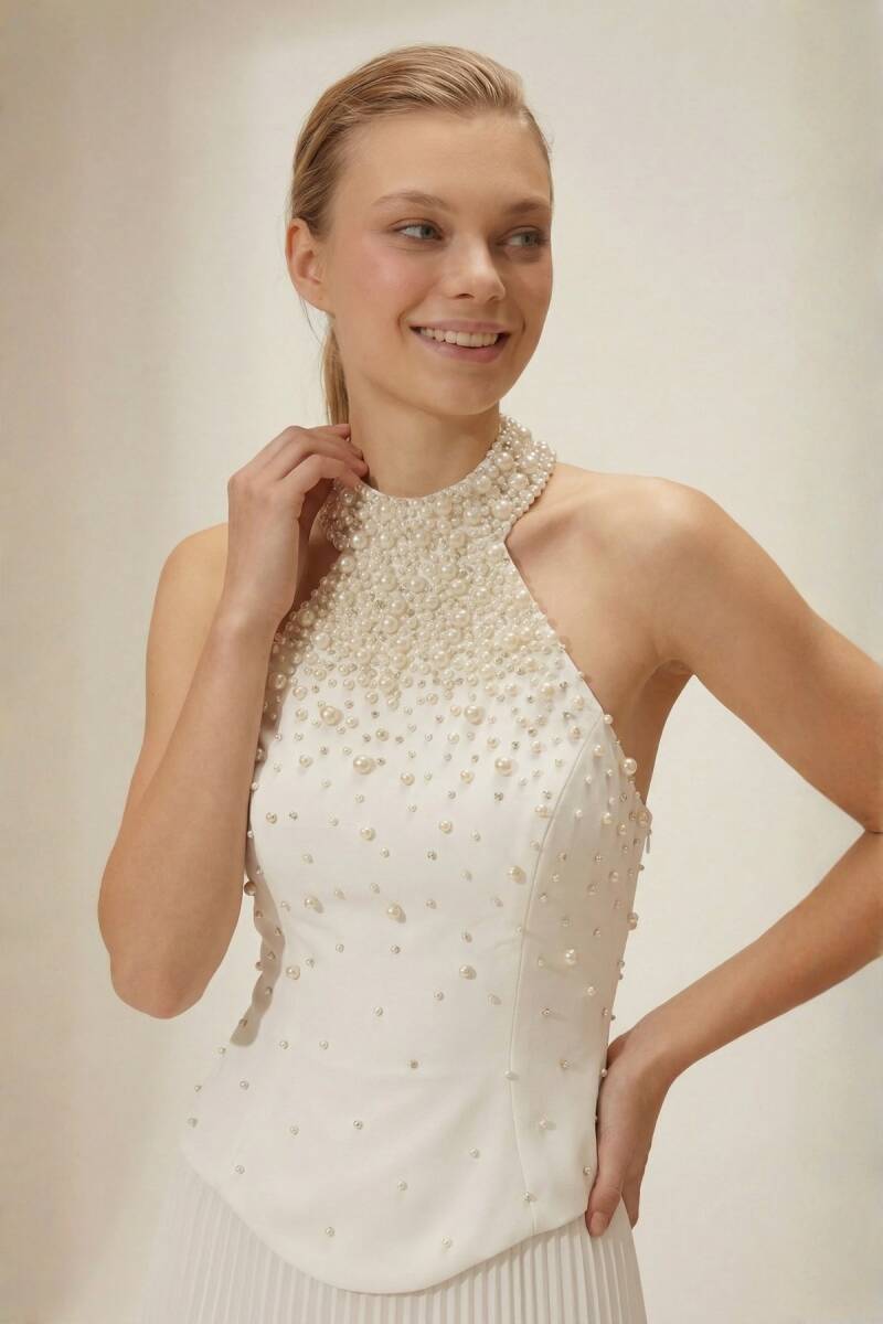 Beyaz Halter Yaka İnci İşlemeli Plise Etek Abiye Elbise 39 - 2