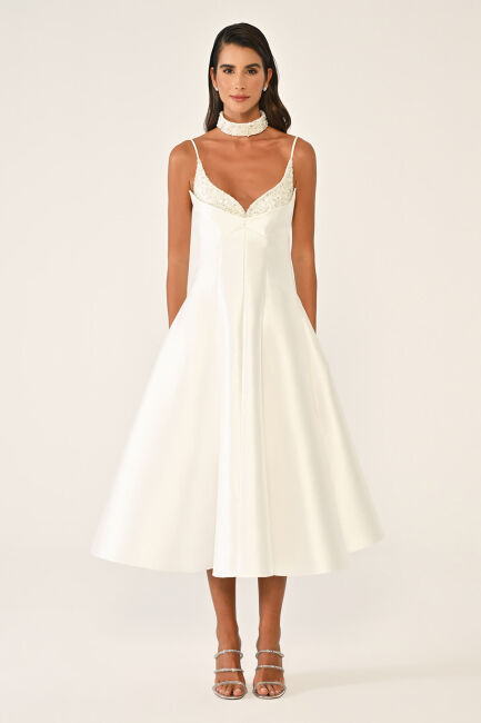 Beyaz İp Askı Göğsü İşlemeli Tasmalı Tafta Midi Abiye Elbise 88 - ALFABETA