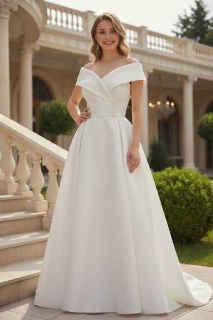 Beyaz Kayık Yaka Düğmeli Yırtmaçlı Tafta Abiye Elbise 07 - ŞEREF VURAL