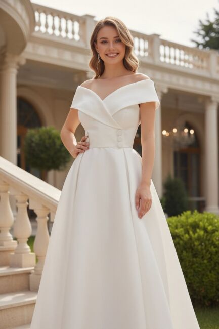 Beyaz Kayık Yaka Düğmeli Yırtmaçlı Tafta Abiye Elbise 07 - 2