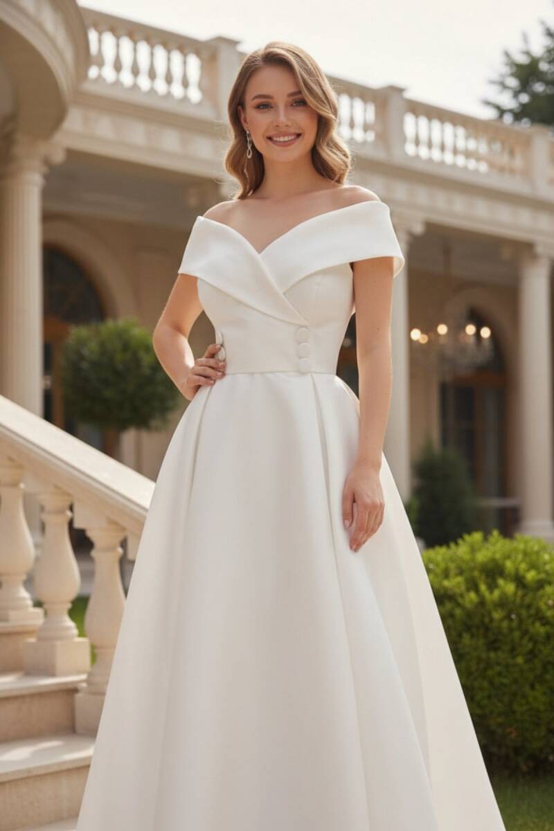 Beyaz Kayık Yaka Düğmeli Yırtmaçlı Tafta Abiye Elbise 07 - 2