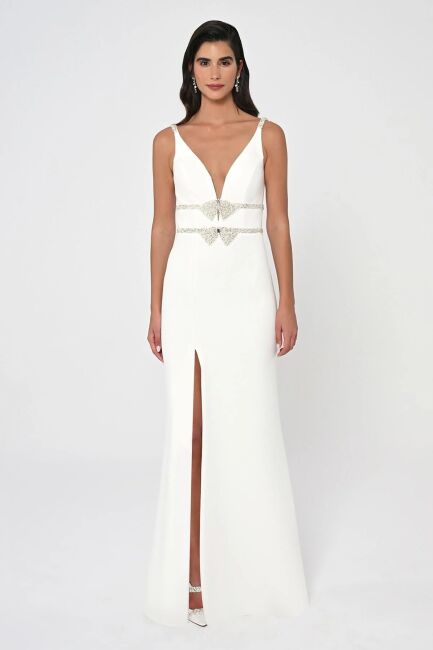 White Front Back V Bow Embroidered Deep Slit Evening Dress 04 - ALFABETA