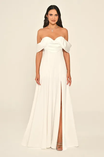 Beyaz Şal Yaka A Kesim Yırtmaçlı Krep Abiye Elbise 60 - 1