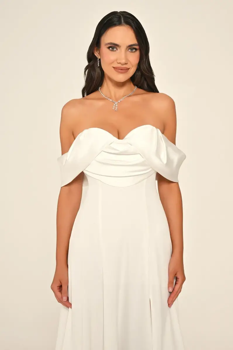 Beyaz Şal Yaka A Kesim Yırtmaçlı Krep Abiye Elbise 60 - 2