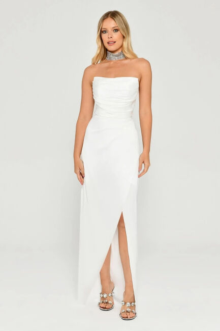 Beyaz Sivri Yaka Drapeli Yırtmaçlı Saten Elbise 04 - ALFABETA