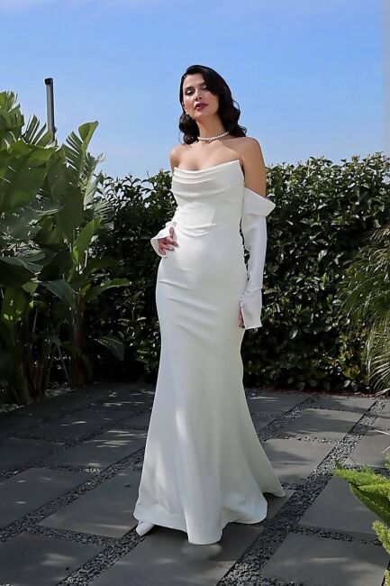 White Pointed Collar Mermaid Evening Dress with Satin Gloves 13 - ALFABETA