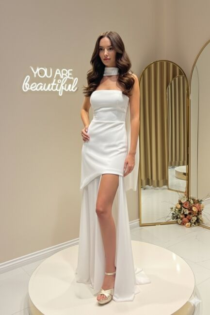 Beyaz Straplez Altı Sifon Etekli Abiye Elbise 90 - ALİNCE TEKSTİL