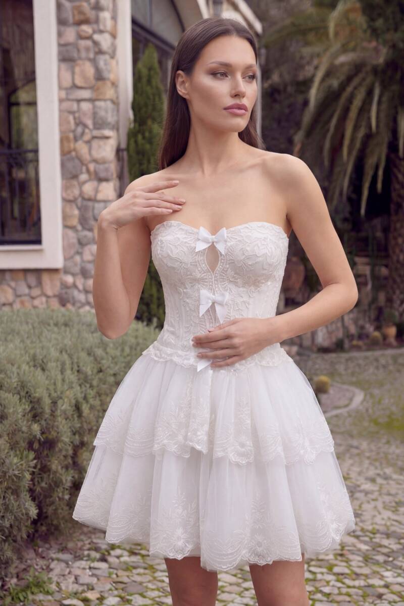 Beyaz Straplez Göğüs Kurdeleli Kat Kat Dantelli Mini Abiye Elbise 17 - 2