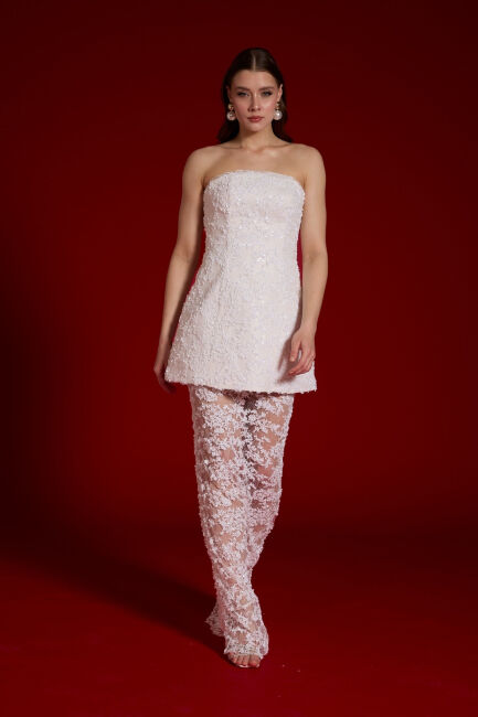 Beyaz Straplez Payetli Transparan Etekli Abiye Elbise 25 - 2