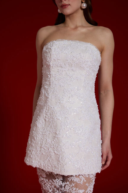 Beyaz Straplez Payetli Transparan Etekli Abiye Elbise 25 - 4