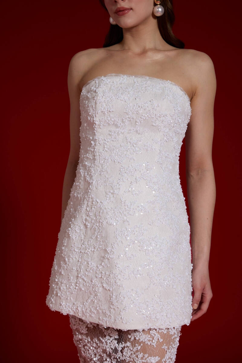 Beyaz Straplez Payetli Transparan Etekli Abiye Elbise 25 - 4