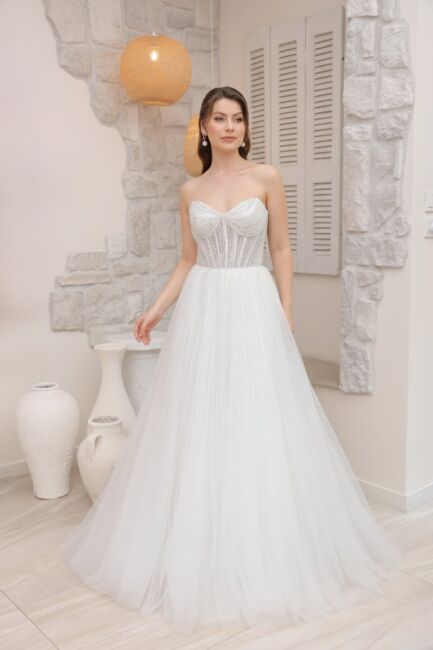 Beyaz Straplez Pelerinli Taşlı İthal Abiye Elbise 63 - SERABELLA