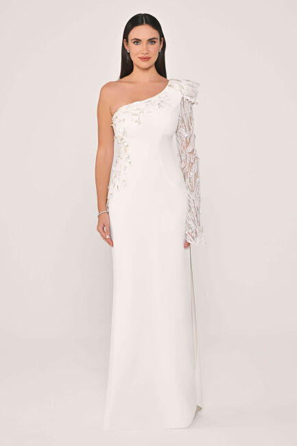 Beyaz Tek Kol Beden İşlemeli Balık Abiye Elbise 50 - ALFABETA