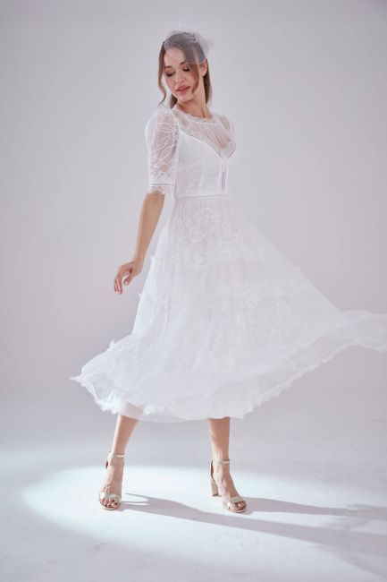 Beyaz Yarım Kol Dantelli Midi Elbise - 2
