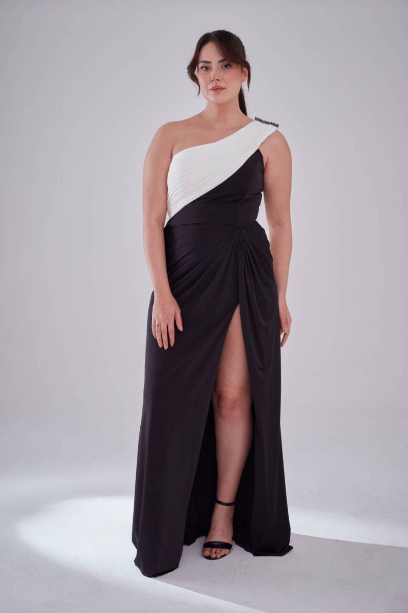 Black -and -Single Shoulder Drapey Slit Large Size Evening Dress 84 - 1