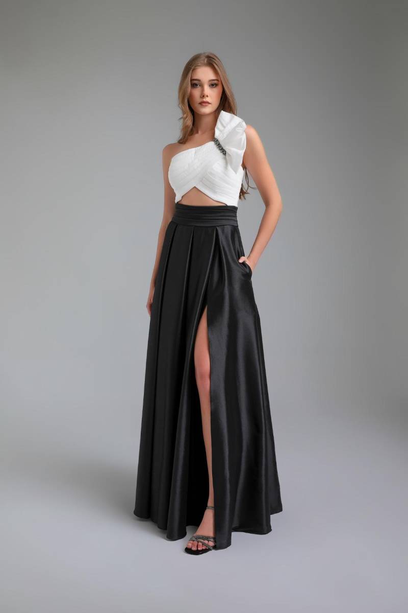 Black -and -Single Shoulder Window Slit Tafta Title Dress 85 - 1