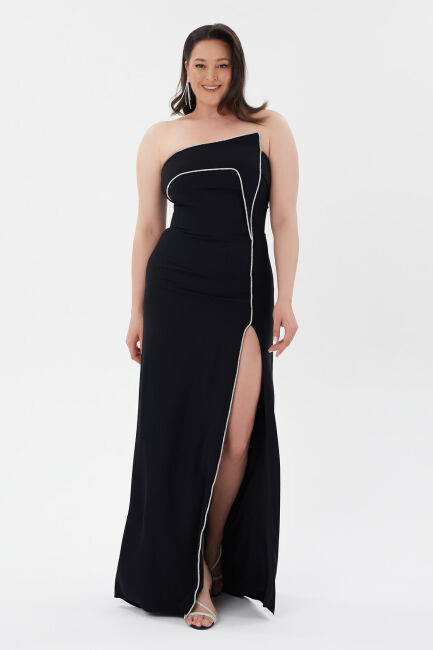 Black asymmetrical collar strip stony crepe evening dresses 69 - 1