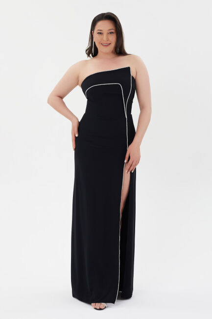 Black asymmetrical collar strip stony crepe evening dresses 69 - 2