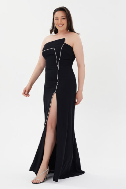 Black asymmetrical collar strip stony crepe evening dresses 69 - 3