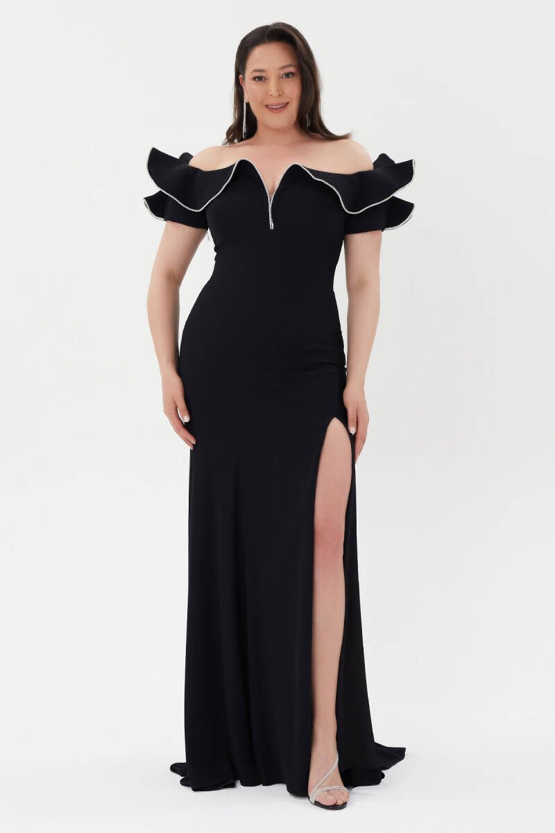 Black boat collar flywheel stones slit evening dress 79 - 1