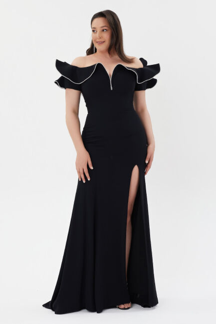 Black boat collar flywheel stones slit evening dress 79 - 2