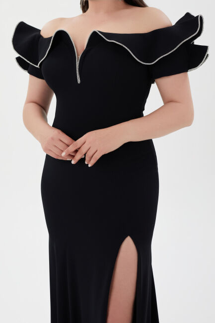 Black boat collar flywheel stones slit evening dress 79 - 4