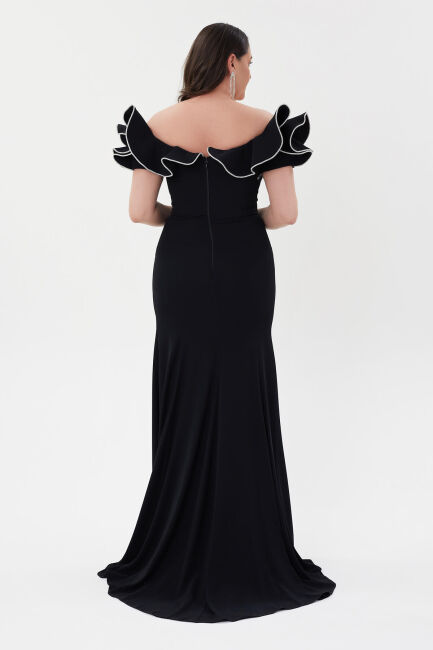 Black boat collar flywheel stones slit evening dress 79 - 5